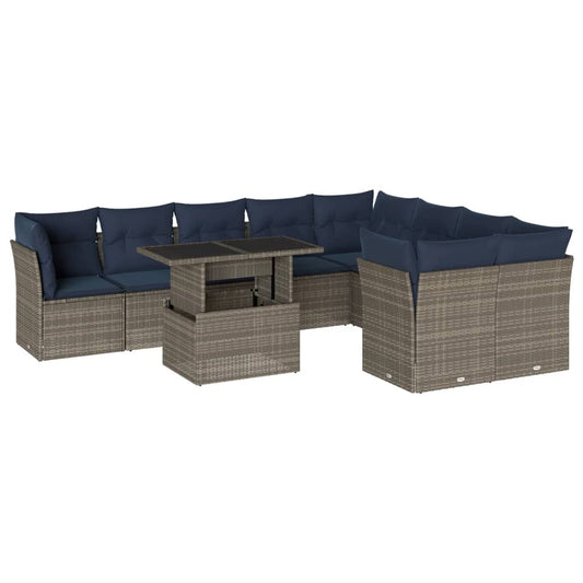 10-teiliges Gartensofa-Set mit Kissen, grau, Polyrattan