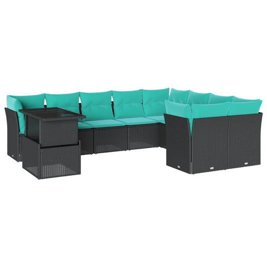 10-teiliges Gartensofa-Set mit Kissen, schwarzes Polyrattan