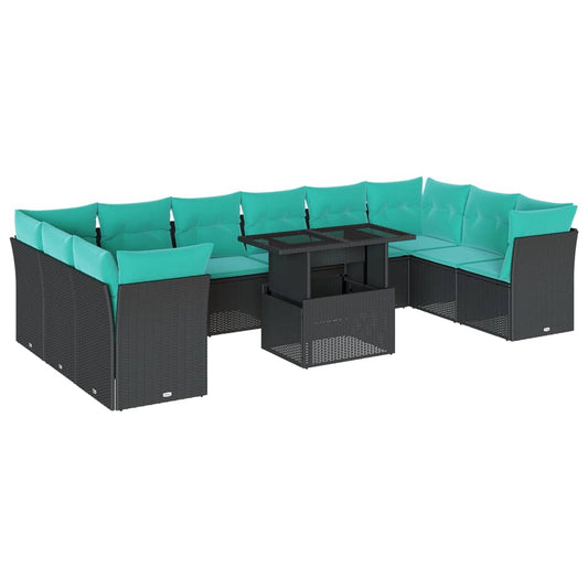 11-teiliges Gartensofa-Set mit Kissen, schwarzes Polyrattan