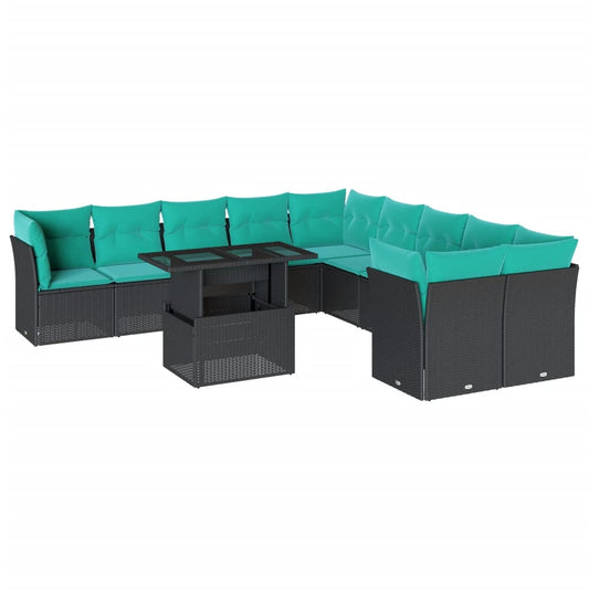 11-teiliges Gartensofa-Set mit Kissen, schwarzes Polyrattan