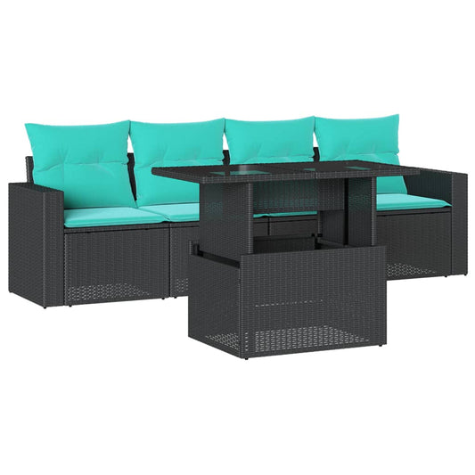 5-teiliges Gartensofa-Set mit Kissen, schwarzes Polyrattan