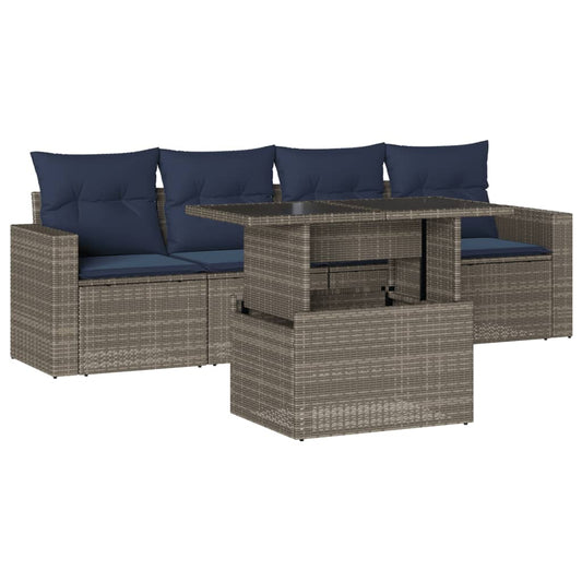 5-teiliges Gartensofa-Set mit Kissen, grau, Polyrattan