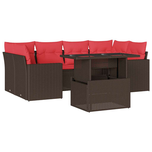 7-teiliges Gartensofa-Set mit Kissen, braun, Polyrattan