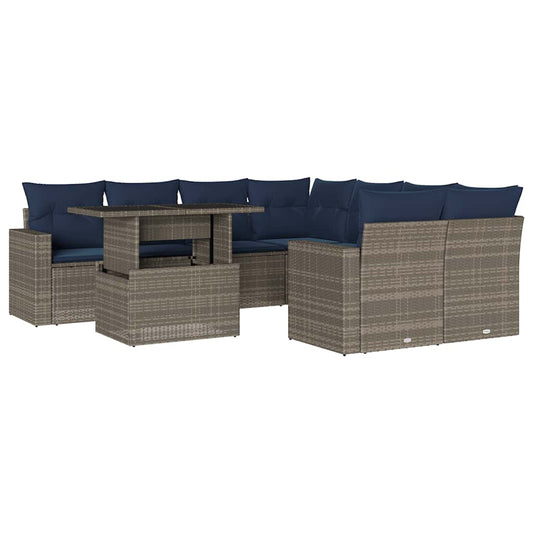 9-teiliges Gartensofa-Set mit Kissen, grau, Polyrattan