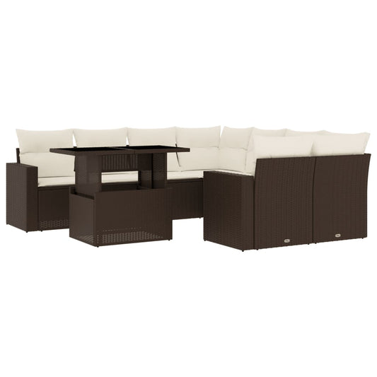 9-tlg. Garten-Sofagarnitur mit Kissen Braun Poly Rattan