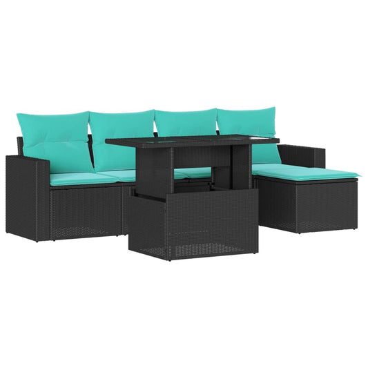 6-teiliges Gartensofa-Set mit Kissen, schwarzes Polyrattan