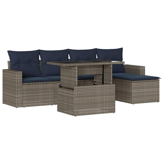 6-teiliges Gartensofa-Set mit Kissen, grau, Polyrattan
