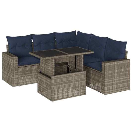 6-teiliges Gartensofa-Set mit Kissen, grau, Polyrattan