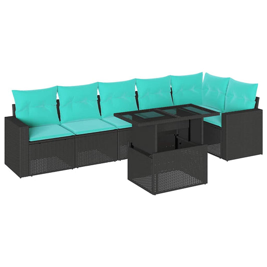 7-teiliges Gartensofa-Set mit Kissen, schwarzes Polyrattan