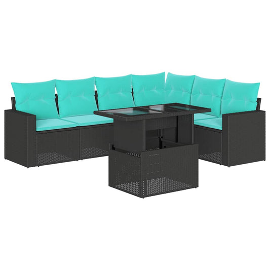 7-teiliges Gartensofa-Set mit Kissen, schwarzes Polyrattan