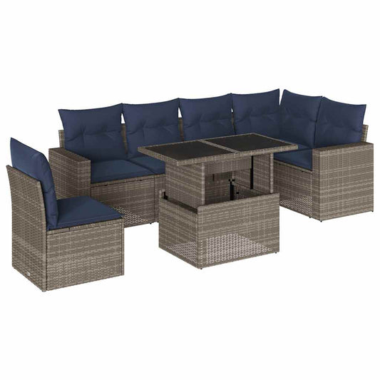 7-teiliges Gartensofa-Set mit Kissen, grau, Polyrattan