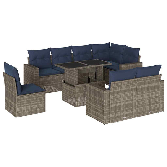 9-teiliges Gartensofa-Set mit Kissen, grau, Polyrattan