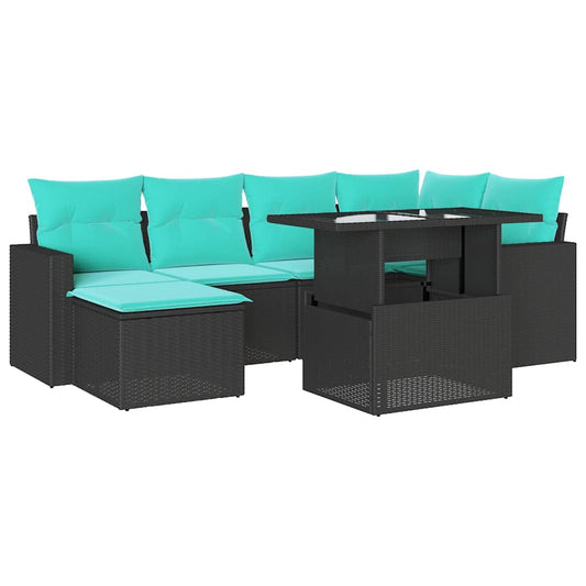 7-teiliges Gartensofa-Set mit Kissen, schwarzes Polyrattan