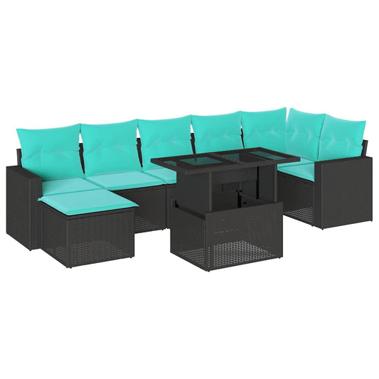 8-teiliges Gartensofa-Set mit Kissen, schwarzes Polyrattan