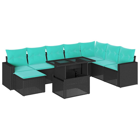 9-teiliges Gartensofa-Set mit Kissen, schwarzes Polyrattan