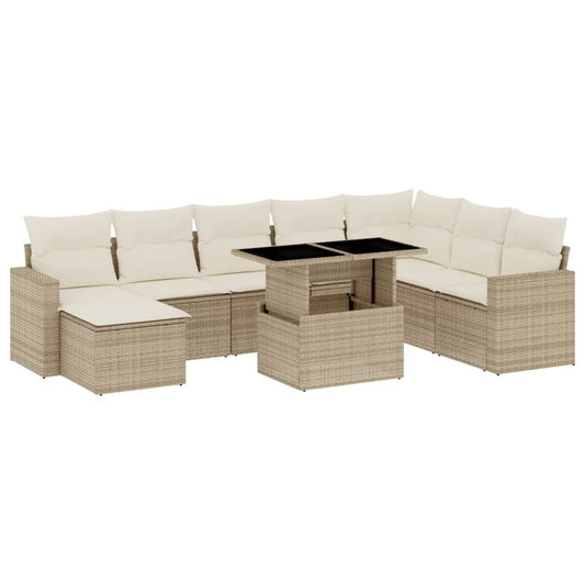 9-tlg. Garten-Sofagarnitur mit Kissen Beige Poly Rattan