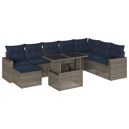 9-teiliges Gartensofa-Set mit Kissen, grau, Polyrattan
