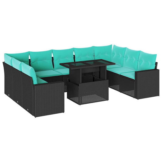 10-teiliges Gartensofa-Set mit Kissen, schwarzes Polyrattan