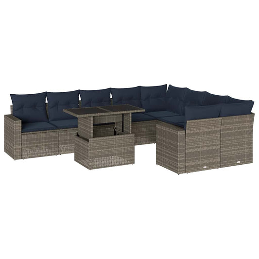 10-teiliges Gartensofa-Set mit Kissen, grau, Polyrattan