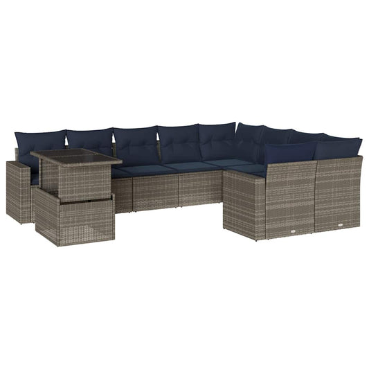 10-teiliges Gartensofa-Set mit Kissen, grau, Polyrattan