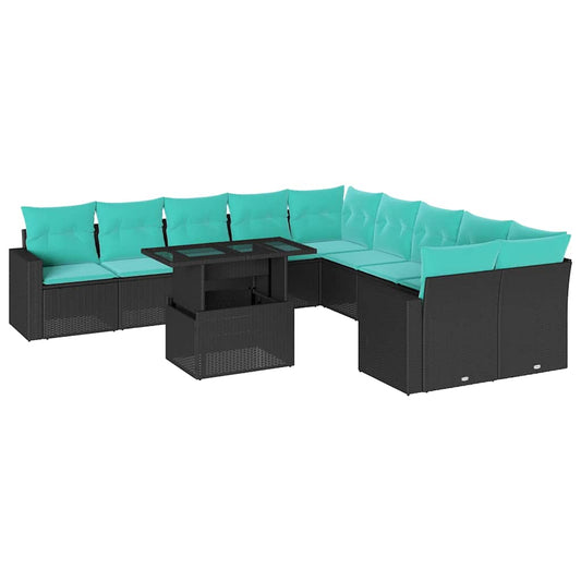 11-teiliges Gartensofa-Set mit Kissen, schwarzes Polyrattan