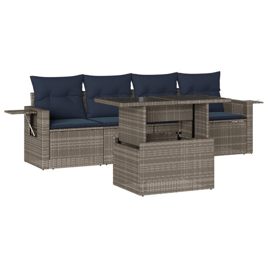5-teiliges Gartensofa-Set mit Kissen, grau, Polyrattan