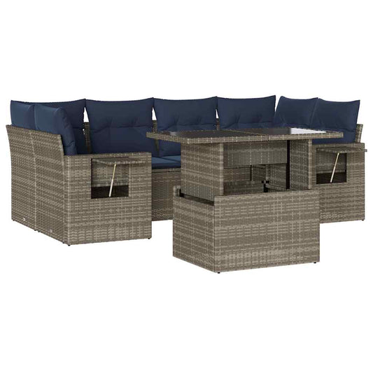 7-teiliges Gartensofa-Set mit Kissen, grau, Polyrattan