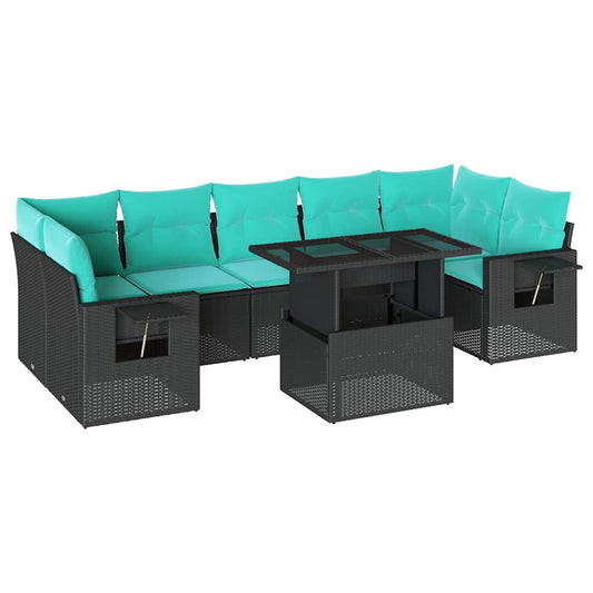8-teiliges Gartensofa-Set mit Kissen, schwarzes Polyrattan