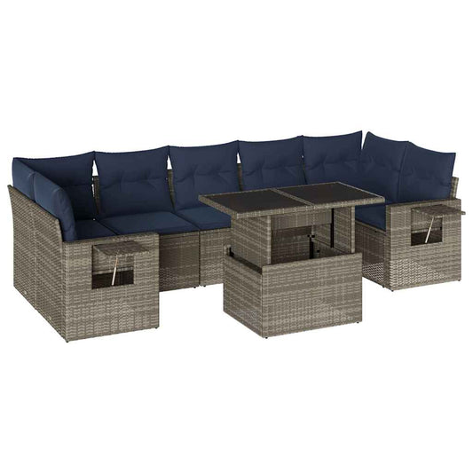 8-teiliges Gartensofa-Set mit Kissen, grau, Polyrattan