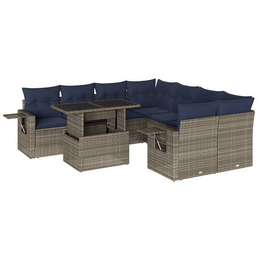 9-teiliges Gartensofa-Set mit Kissen, grau, Polyrattan