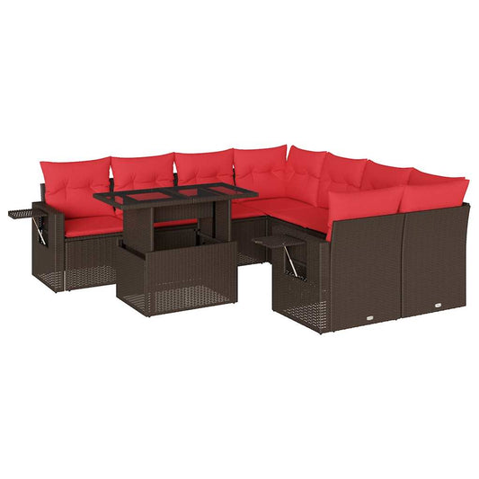 9-teiliges Gartensofa-Set mit Kissen, braun, Polyrattan