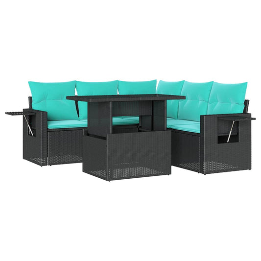 6-teiliges Gartensofa-Set mit Kissen, schwarzes Polyrattan