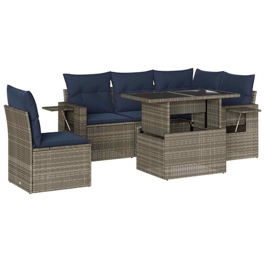6-teiliges Gartensofa-Set mit Kissen, grau, Polyrattan