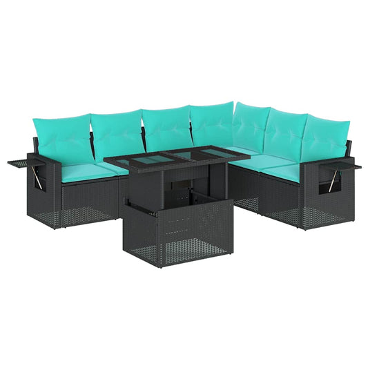 7-teiliges Gartensofa-Set mit Kissen, schwarzes Polyrattan