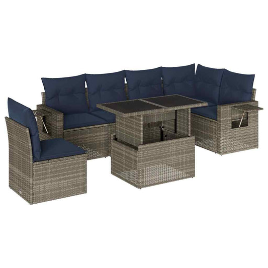 7-teiliges Gartensofa-Set mit Kissen, grau, Polyrattan