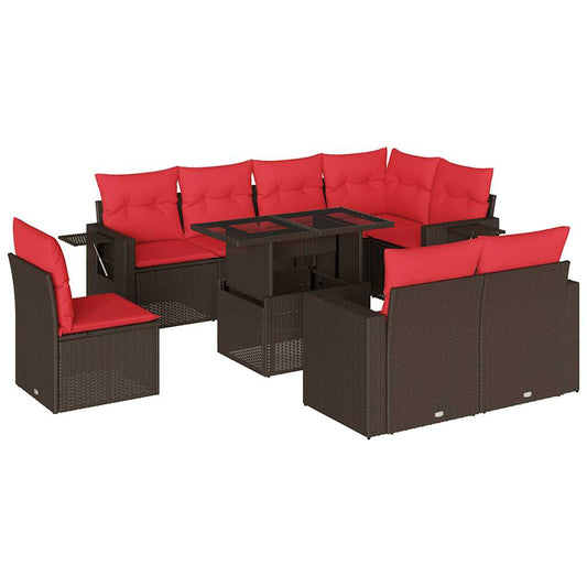 9-teiliges Gartensofa-Set mit Kissen, braun, Polyrattan