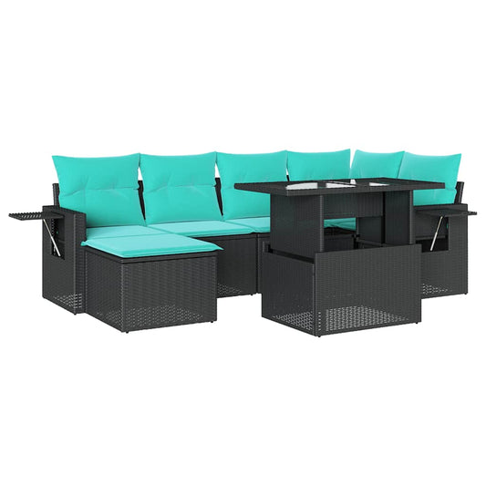 7-teiliges Gartensofa-Set mit Kissen, schwarzes Polyrattan
