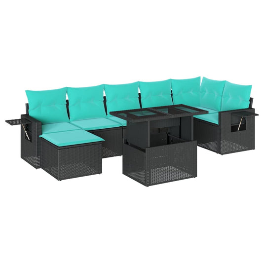 8-teiliges Gartensofa-Set mit Kissen, schwarzes Polyrattan