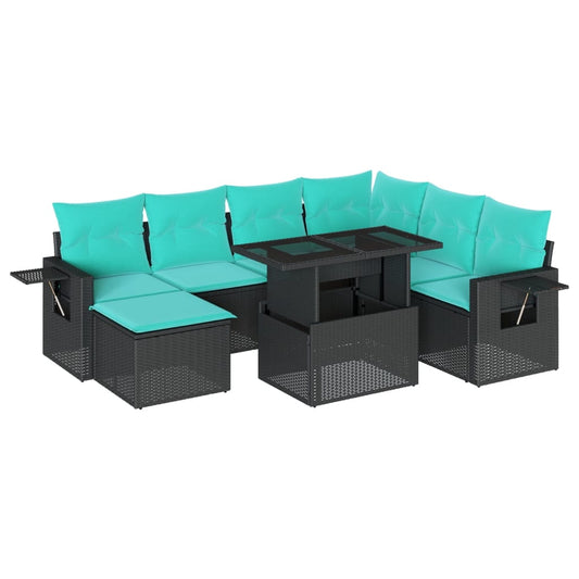 8-teiliges Gartensofa-Set mit Kissen, schwarzes Polyrattan