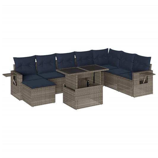 9-teiliges Gartensofa-Set mit Kissen, grau, Polyrattan