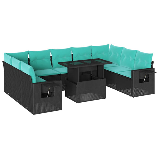 10-teiliges Gartensofa-Set mit Kissen, schwarzes Polyrattan