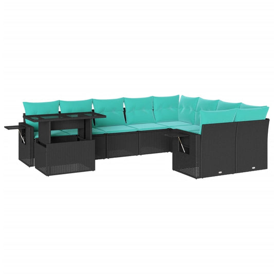 10-teiliges Gartensofa-Set mit Kissen, schwarzes Polyrattan