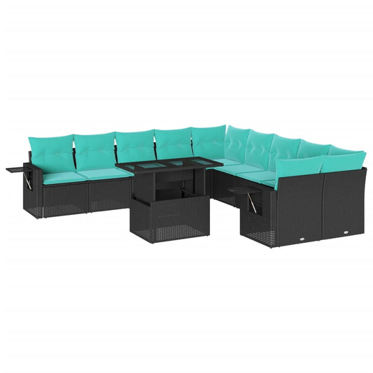 11-teiliges Gartensofa-Set mit Kissen, schwarzes Polyrattan