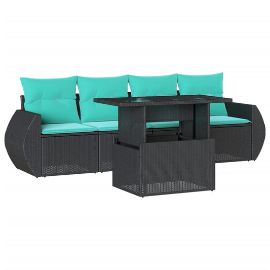 5-teiliges Gartensofa-Set mit Kissen, schwarzes Polyrattan