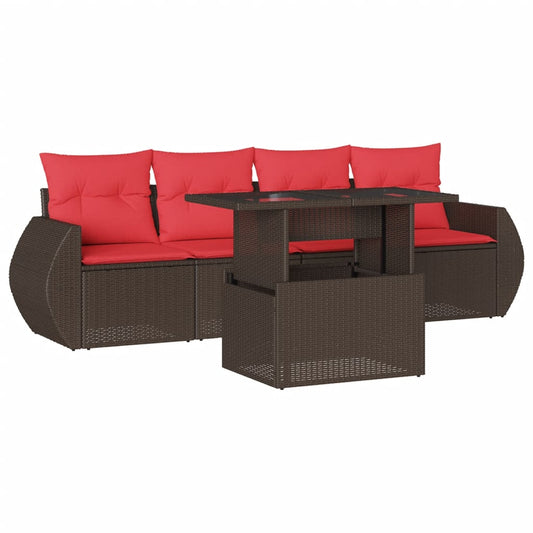 5-teiliges Gartensofa-Set mit Kissen, braun, Polyrattan