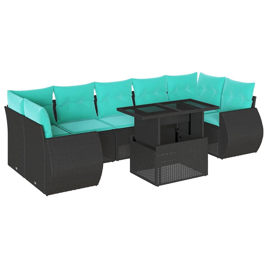 8-teiliges Gartensofa-Set mit Kissen, schwarzes Polyrattan