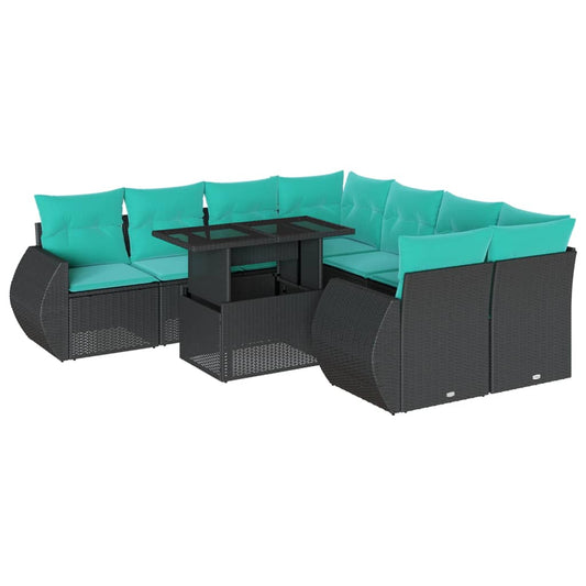 9-teiliges Gartensofa-Set mit Kissen, schwarzes Polyrattan