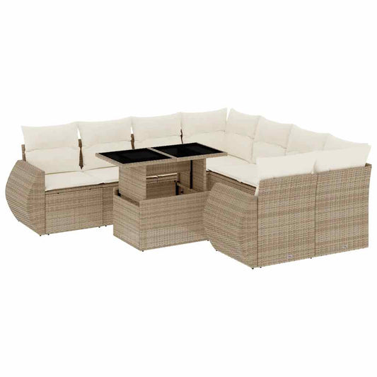 9-tlg. Garten-Sofagarnitur mit Kissen Beige Poly Rattan
