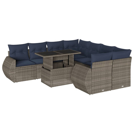 9-teiliges Gartensofa-Set mit Kissen, grau, Polyrattan