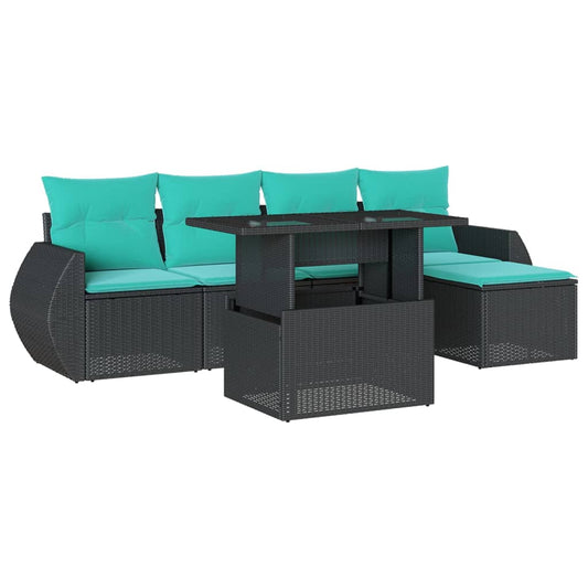 6-teiliges Gartensofa-Set mit Kissen, schwarzes Polyrattan